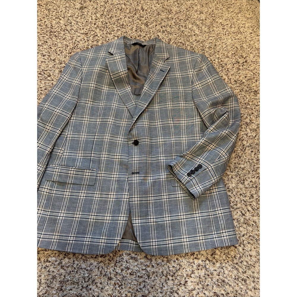 Brooks Brothers New  Linen Blend Blue Plaid Blazer Jacket Sz‎ 46R Madison Fit